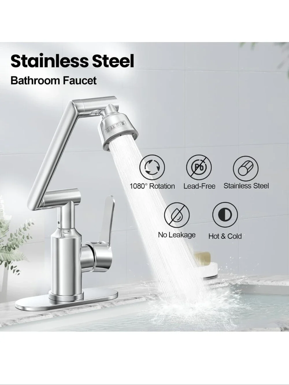 Bathroom Sink Faucet, FunnyAir Stainless Steel 1080° Rotatable Faucet for Sink